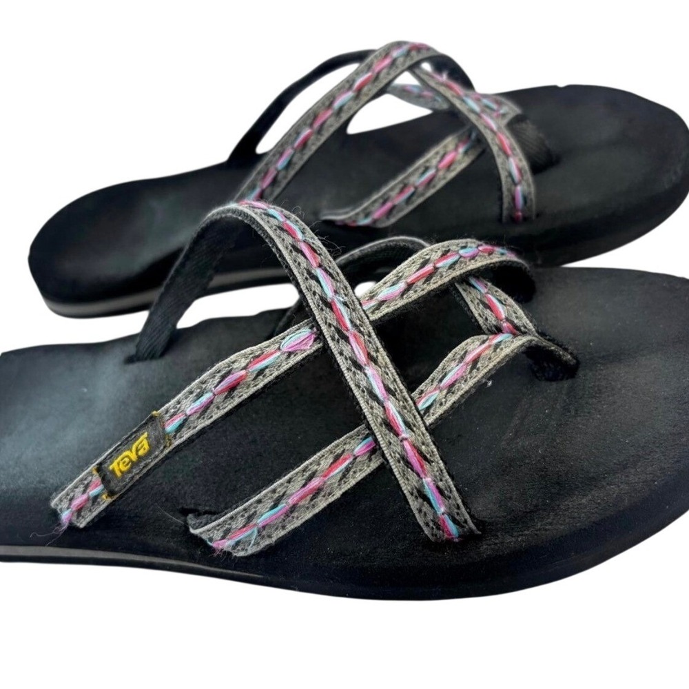 Teva Olowahu Black Embroidered Strappy Mush Topsole Sandals 6840 Womens 9
